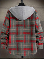 Hooded Plaid Shirt Jacket Men's Gray Orange Button-Up Shacket with Pocket – Casual, Fall Layering, Gift