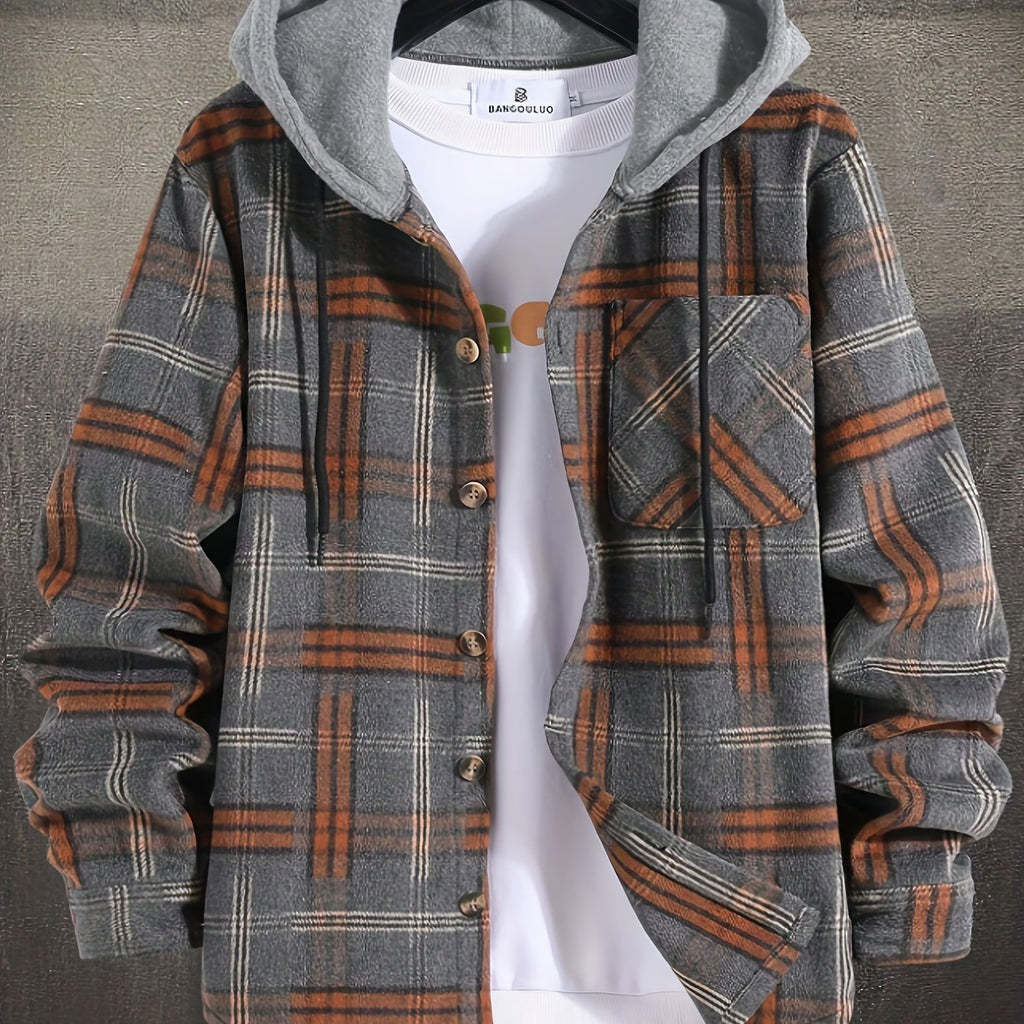 Hooded Plaid Shirt Jacket Men's Gray Orange Button-Up Shacket with Pocket – Casual, Fall Layering, Gift
