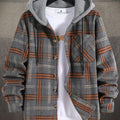 Hooded Plaid Shirt Jacket Men's Gray Orange Button-Up Shacket with Pocket – Casual, Fall Layering, Gift