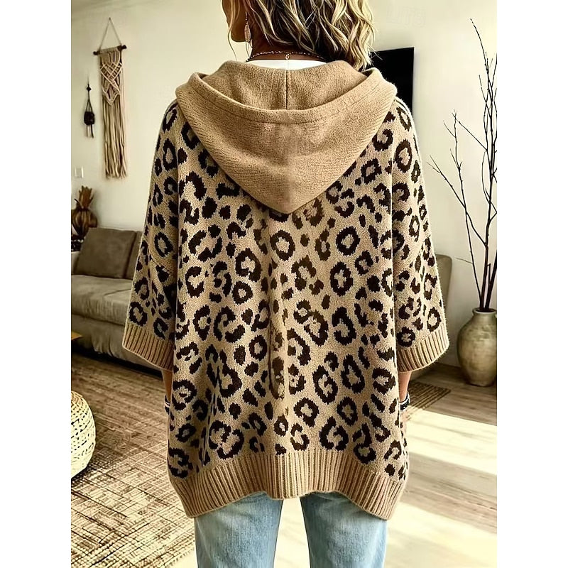 Hooded Poncho Sweater Women's Leopard Print Drawstring Knit Batwing Sleeve – Casual, Fall Layering