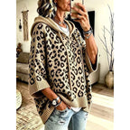 Hooded Poncho Sweater Women's Leopard Print Drawstring Knit Batwing Sleeve – Casual, Fall Layering
