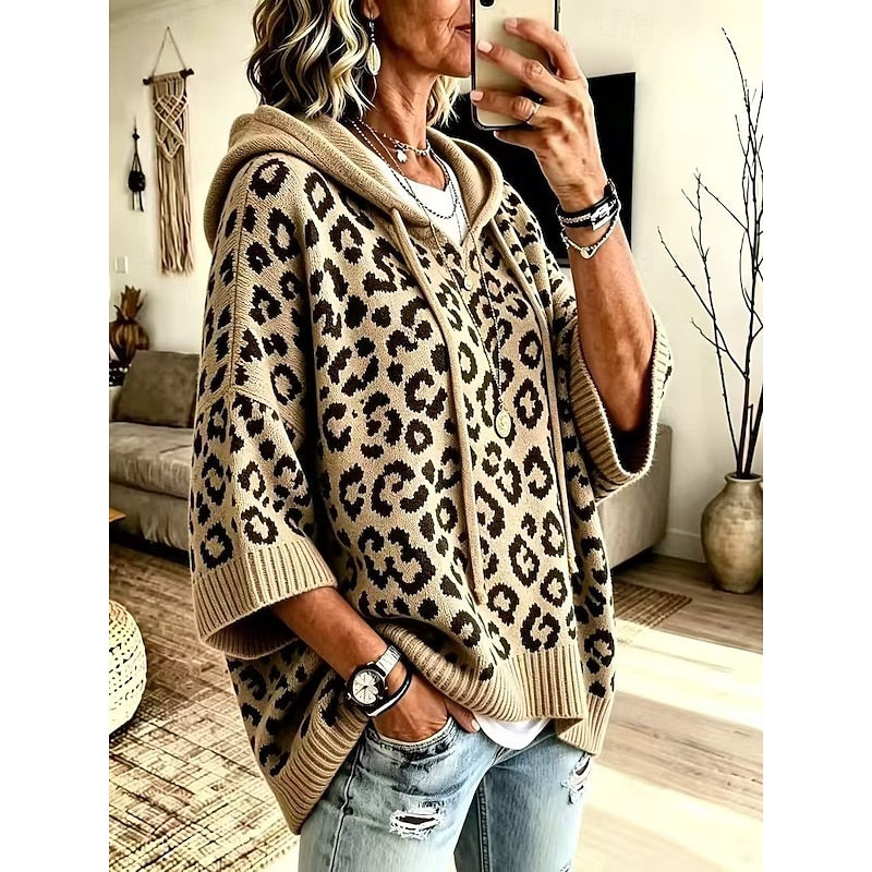 Hooded Poncho Sweater Women's Leopard Print Drawstring Knit Batwing Sleeve – Casual, Fall Layering