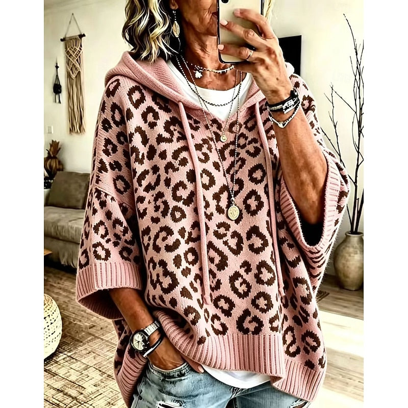 Hooded Poncho Sweater Women's Leopard Print Drawstring Knit Batwing Sleeve – Casual, Fall Layering