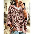 Hooded Poncho Sweater Women's Leopard Print Drawstring Knit Batwing Sleeve – Casual, Fall Layering