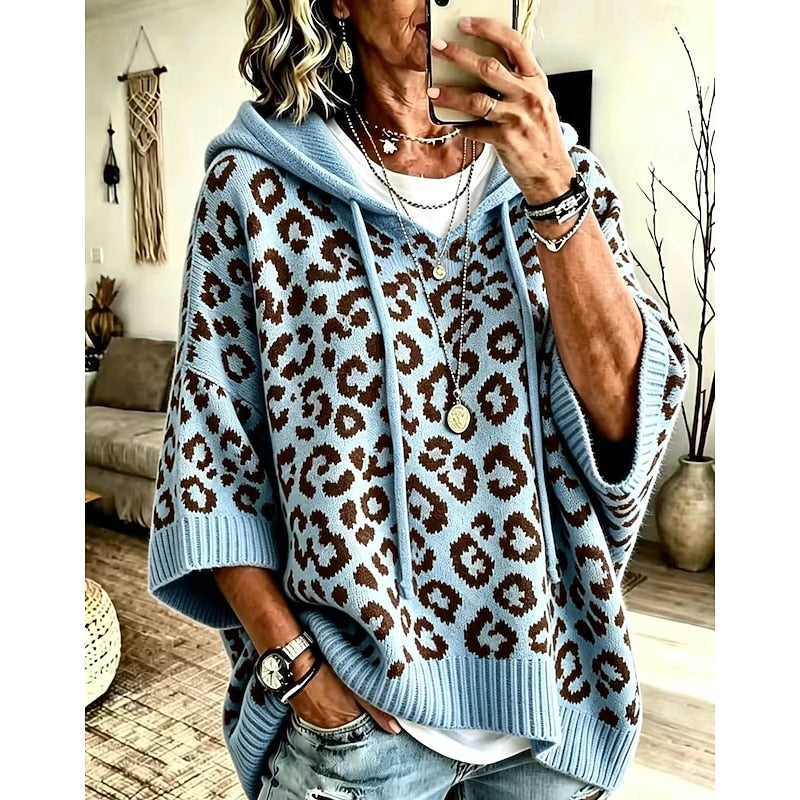 Hooded Poncho Sweater Women's Leopard Print Drawstring Knit Batwing Sleeve – Casual, Fall Layering