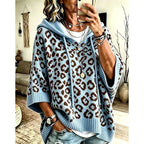 Hooded Poncho Sweater Women's Leopard Print Drawstring Knit Batwing Sleeve – Casual, Fall Layering