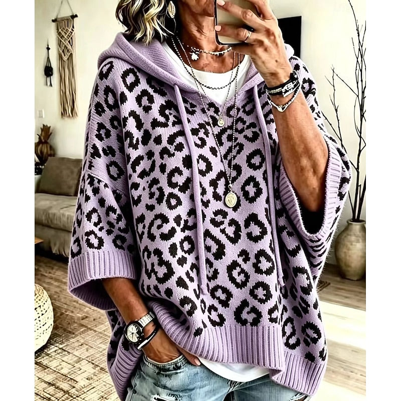 Hooded Poncho Sweater Women's Leopard Print Drawstring Knit Batwing Sleeve – Casual, Fall Layering