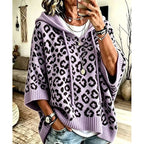 Hooded Poncho Sweater Women's Leopard Print Drawstring Knit Batwing Sleeve – Casual, Fall Layering