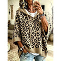 Hooded Poncho Sweater Women's Leopard Print Drawstring Knit Batwing Sleeve – Casual, Fall Layering