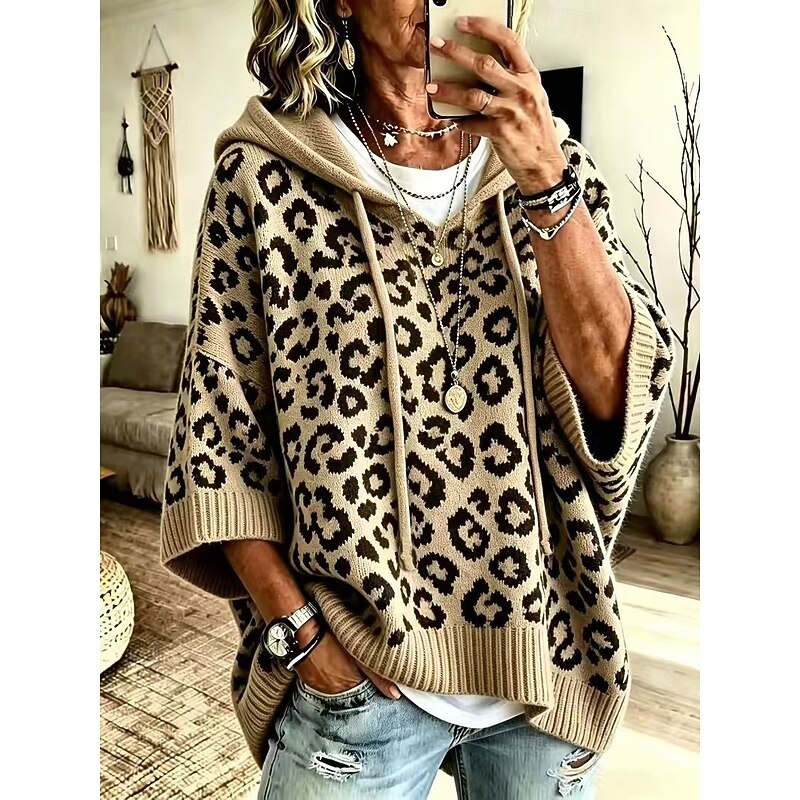 Hooded Poncho Sweater Women's Leopard Print Drawstring Knit Batwing Sleeve – Casual, Fall Layering
