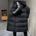 Hooded Puffer Jacket Black Long Padded Coat Men's Striped – Casual, Winter Outdoor Warmth