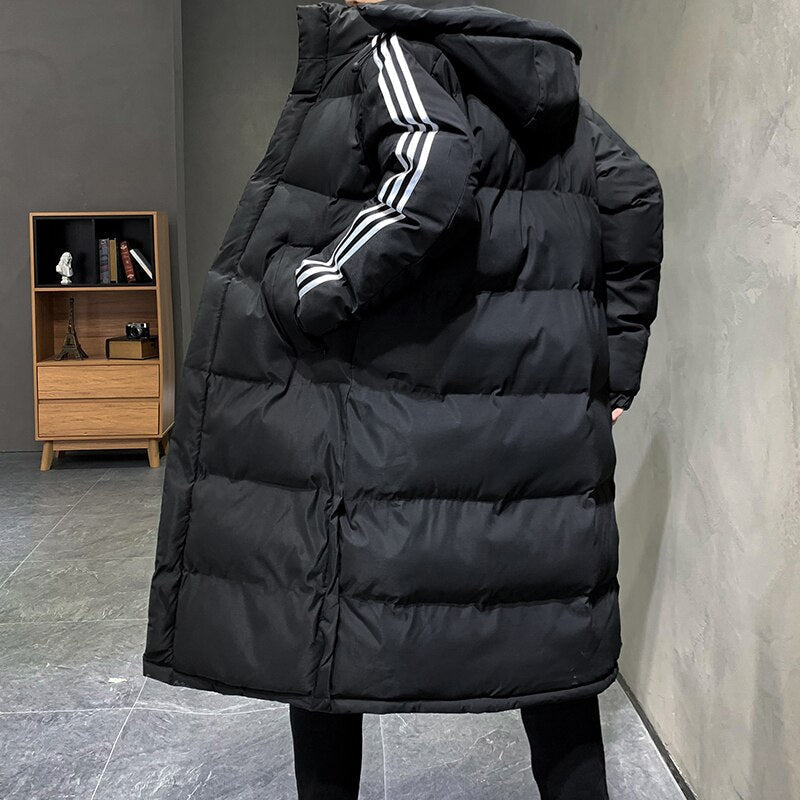 Hooded Puffer Jacket Black Long Padded Coat Men's Striped – Casual, Winter Outdoor Warmth