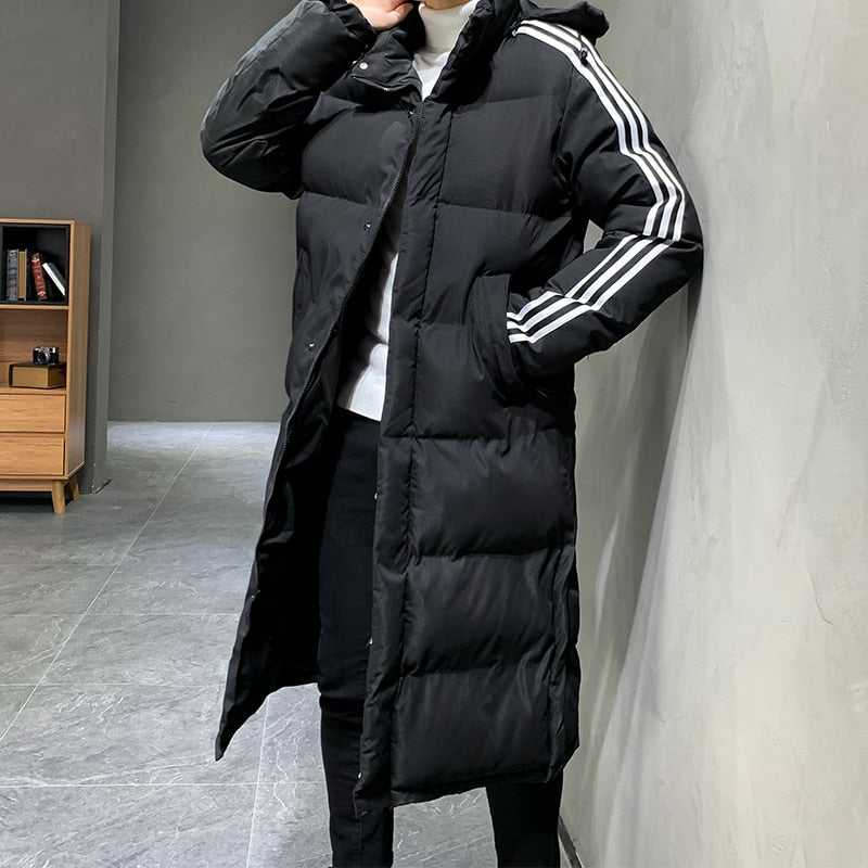 Hooded Puffer Jacket Black Long Padded Coat Men's Striped – Casual, Winter Outdoor Warmth