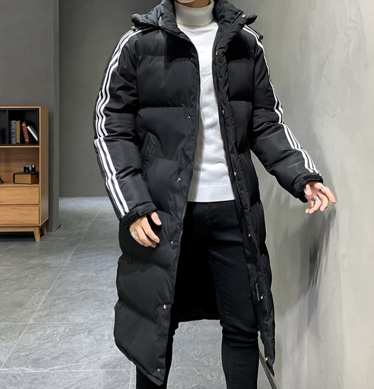 Hooded Puffer Jacket Black Long Padded Coat Men's Striped – Casual, Winter Outdoor Warmth