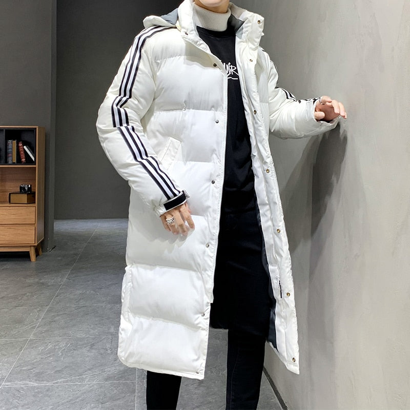 Hooded Puffer Jacket Black Long Padded Coat Men's Striped – Casual, Winter Outdoor Warmth