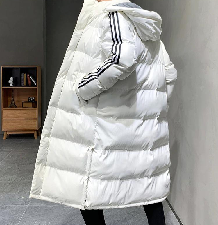Hooded Puffer Jacket Black Long Padded Coat Men's Striped – Casual, Winter Outdoor Warmth