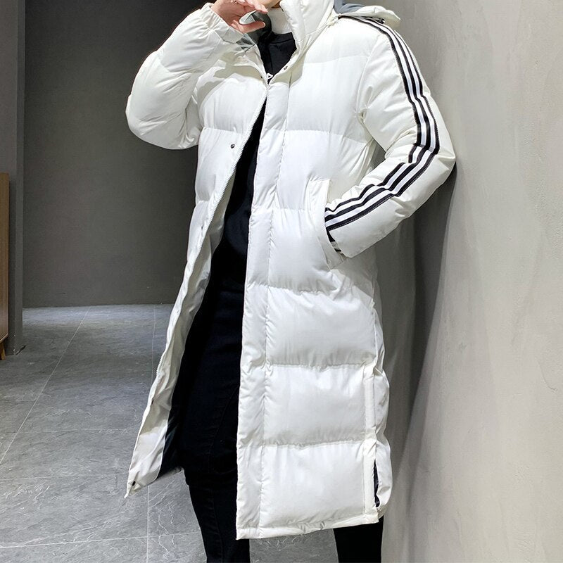 Hooded Puffer Jacket Black Long Padded Coat Men's Striped – Casual, Winter Outdoor Warmth
