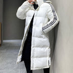 Hooded Puffer Jacket Black Long Padded Coat Men's Striped – Casual, Winter Outdoor Warmth