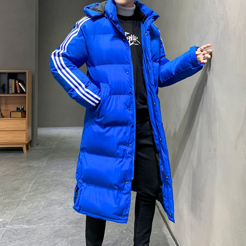 Hooded Puffer Jacket Black Long Padded Coat Men's Striped – Casual, Winter Outdoor Warmth