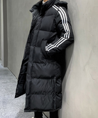 Hooded Puffer Jacket Black Long Padded Coat Men's Striped – Casual, Winter Outdoor Warmth