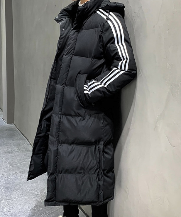 Hooded Puffer Jacket Black Long Padded Coat Men's Striped – Casual, Winter Outdoor Warmth