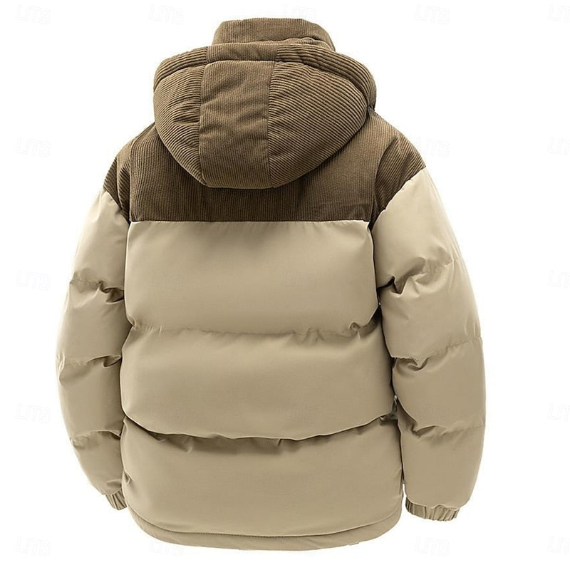 Hooded Puffer Jacket Men's Corduroy Collar Zip-Up Winter Coat – Casual, Holiday Gift