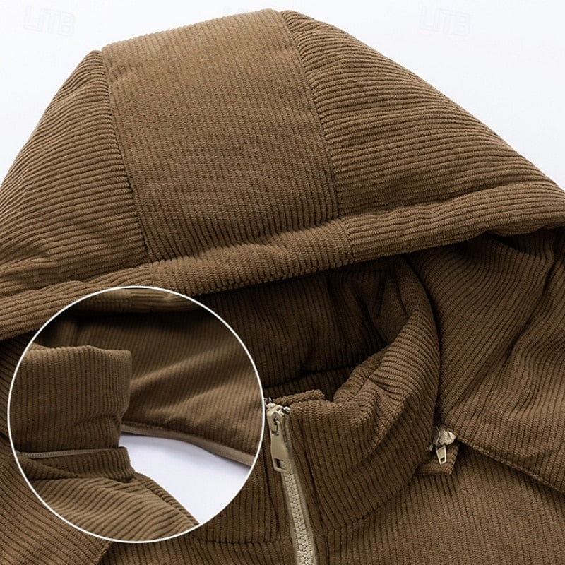 Hooded Puffer Jacket Men's Corduroy Collar Zip-Up Winter Coat – Casual, Holiday Gift