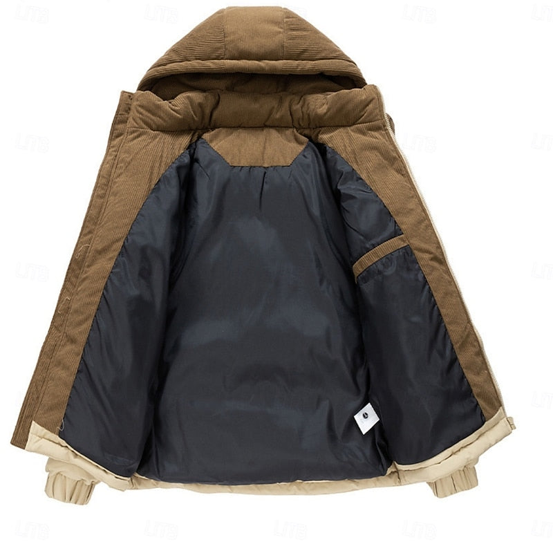 Hooded Puffer Jacket Men's Corduroy Collar Zip-Up Winter Coat – Casual, Holiday Gift