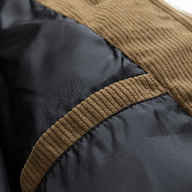 Hooded Puffer Jacket Men's Corduroy Collar Zip-Up Winter Coat – Casual, Holiday Gift
