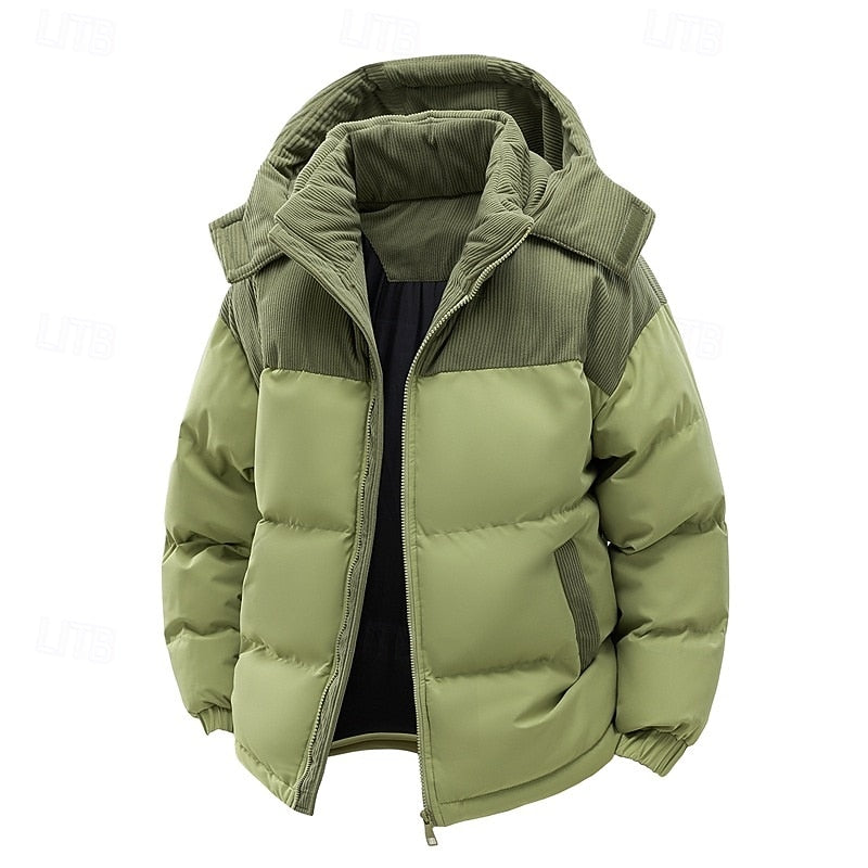 Hooded Puffer Jacket Men's Corduroy Collar Zip-Up Winter Coat – Casual, Holiday Gift