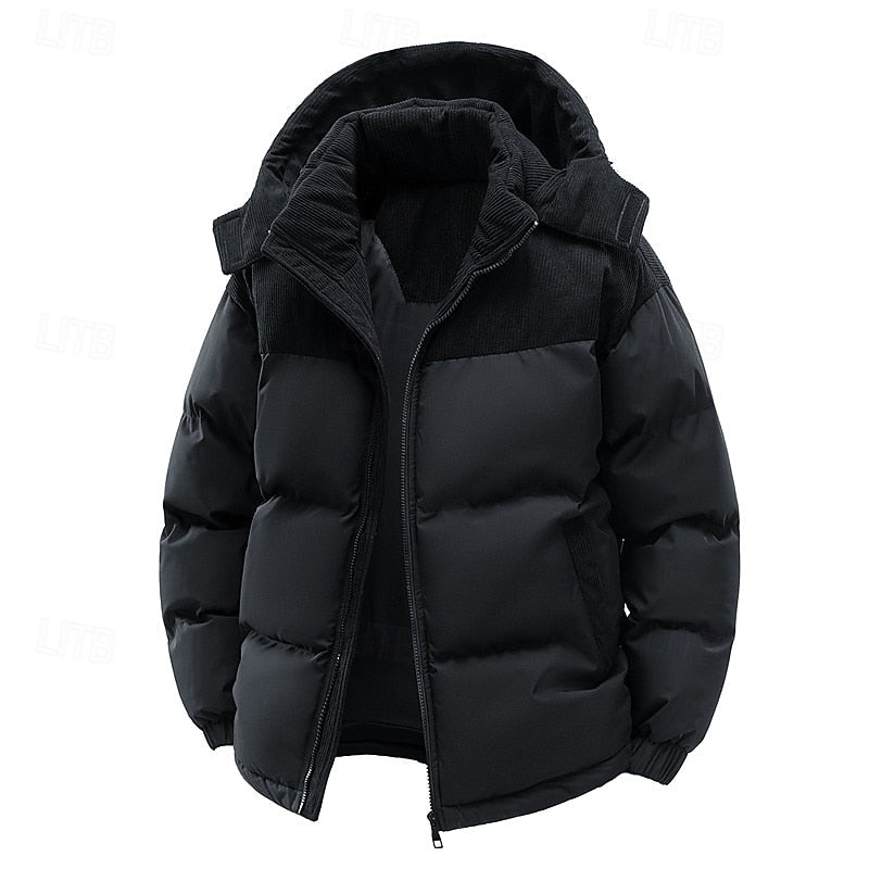 Hooded Puffer Jacket Men's Corduroy Collar Zip-Up Winter Coat – Casual, Holiday Gift