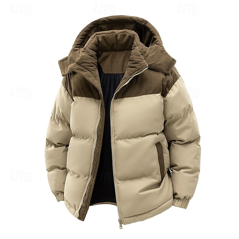 Hooded Puffer Jacket Men's Corduroy Collar Zip-Up Winter Coat – Casual, Holiday Gift