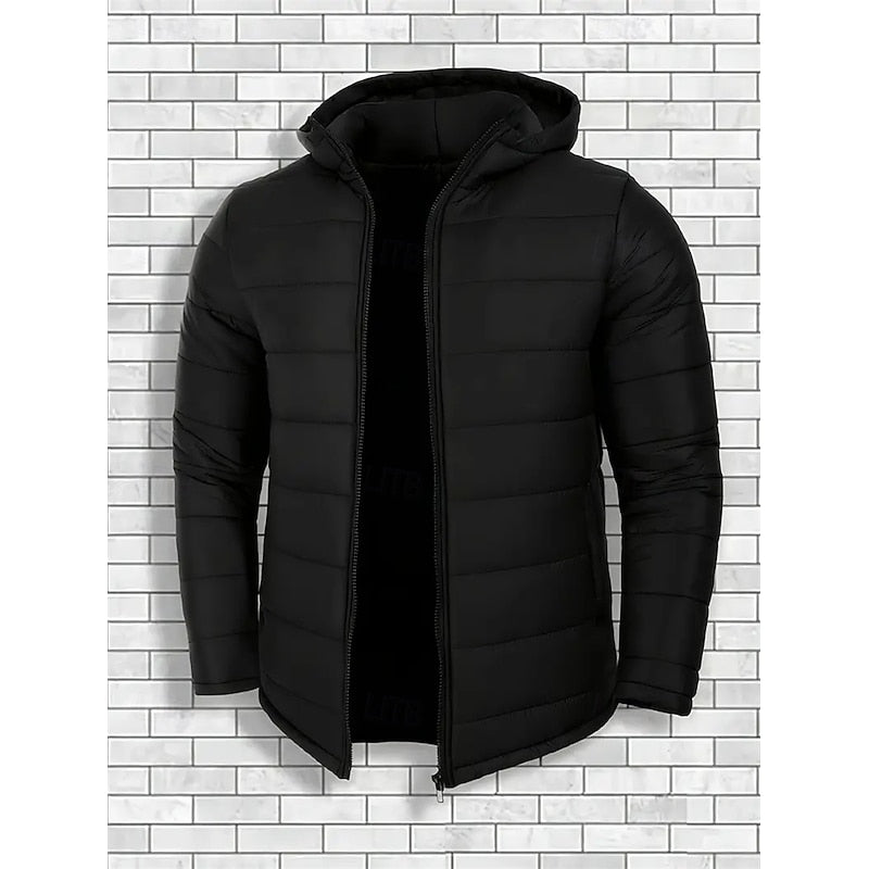 Hooded Puffer Jacket Men's Quilted Black Zip-Up Coat – Casual, Winter Outerwear Gift