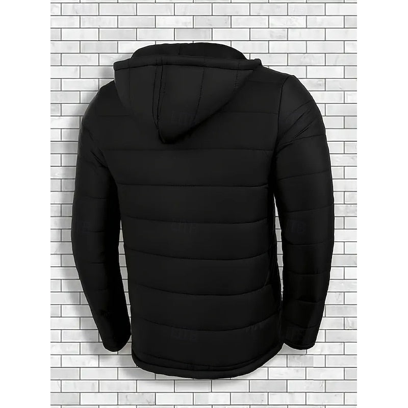 Hooded Puffer Jacket Men's Quilted Black Zip-Up Coat – Casual, Winter Outerwear Gift