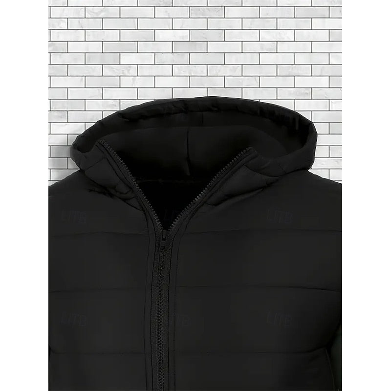Hooded Puffer Jacket Men's Quilted Black Zip-Up Coat – Casual, Winter Outerwear Gift