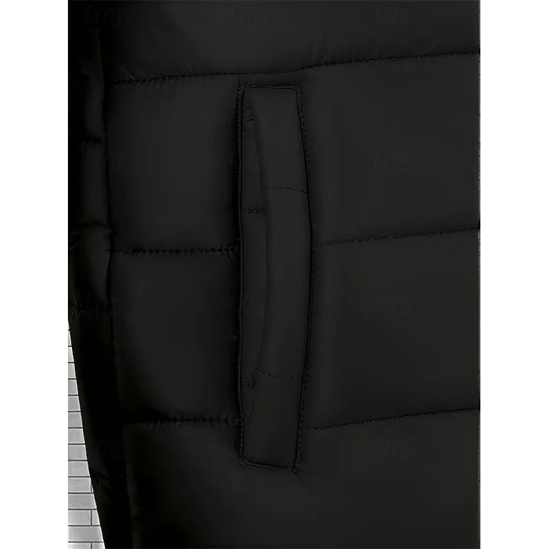 Hooded Puffer Jacket Men's Quilted Black Zip-Up Coat – Casual, Winter Outerwear Gift