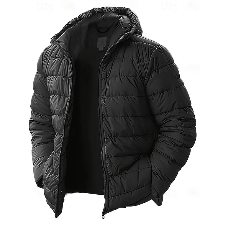 Hooded Puffer Jacket Men's Quilted Black Zip-Up Coat – Casual, Winter Outerwear Gift