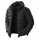 Hooded Puffer Jacket Men's Quilted Black Zip-Up Coat – Casual, Winter Outerwear Gift