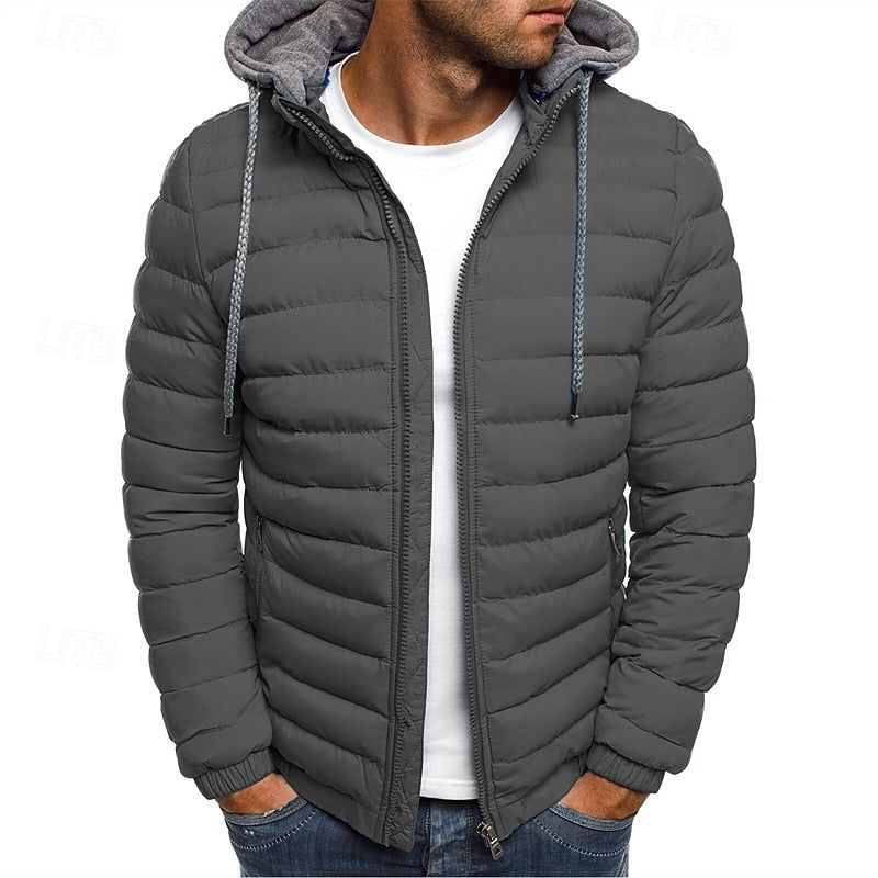 Hooded Puffer Jacket Men's Quilted Zip-Up Padded Winter Coat – Casual, Warm Outdoor Wear