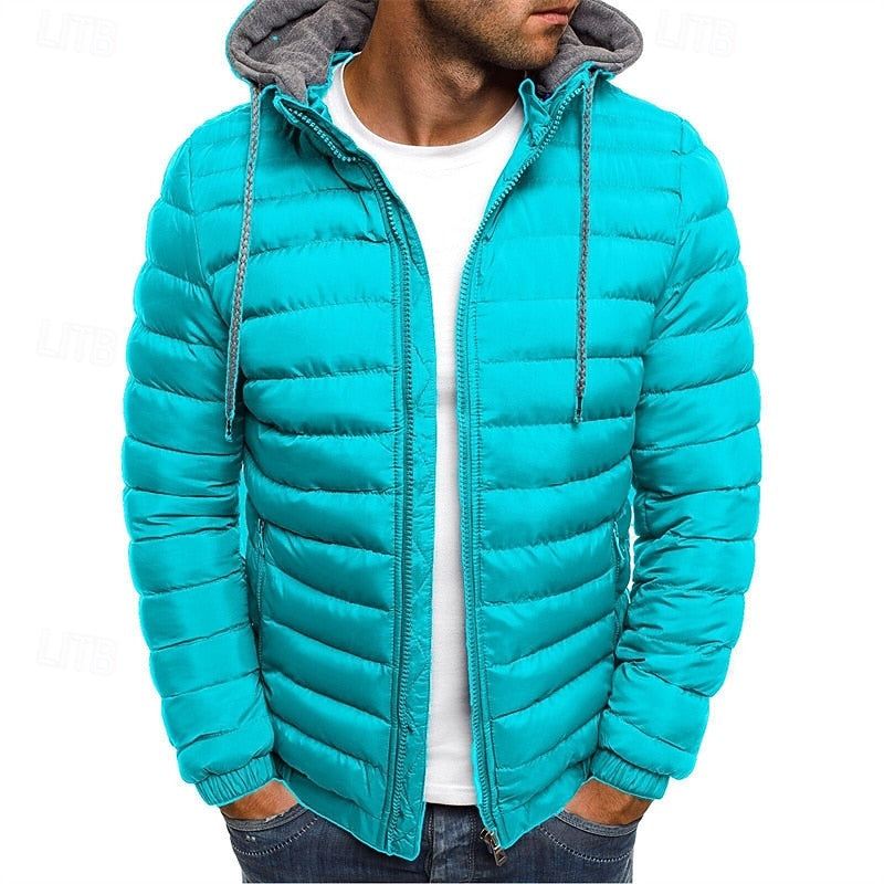 Hooded Puffer Jacket Men's Quilted Zip-Up Padded Winter Coat – Casual, Warm Outdoor Wear