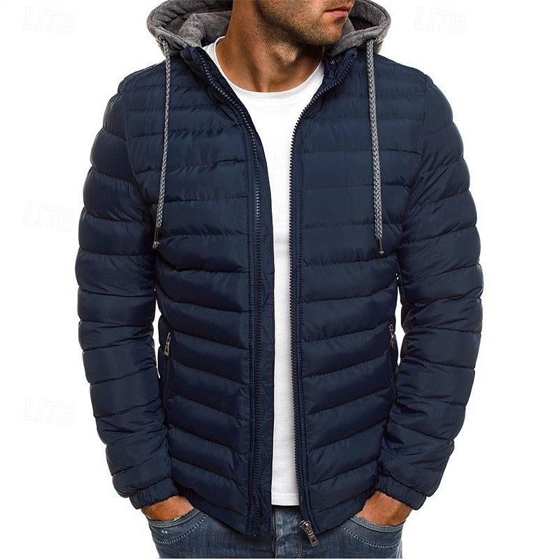 Hooded Puffer Jacket Men's Quilted Zip-Up Padded Winter Coat – Casual, Warm Outdoor Wear