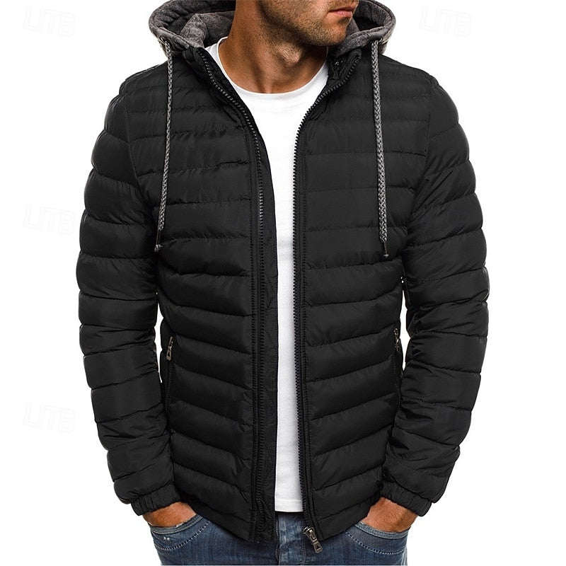 Hooded Puffer Jacket Men's Quilted Zip-Up Padded Winter Coat – Casual, Warm Outdoor Wear