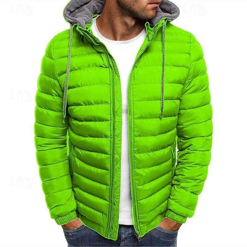 Hooded Puffer Jacket Men's Quilted Zip-Up Padded Winter Coat – Casual, Warm Outdoor Wear