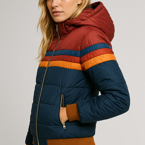 Hooded Puffer Jacket Women's Navy Retro Striped – Casual, Winter, Warm, Gift · Faylori