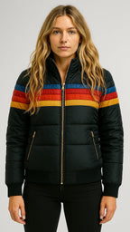 Hooded Puffer Jacket Women's Navy Retro Striped – Casual, Winter, Warm, Gift · Faylori