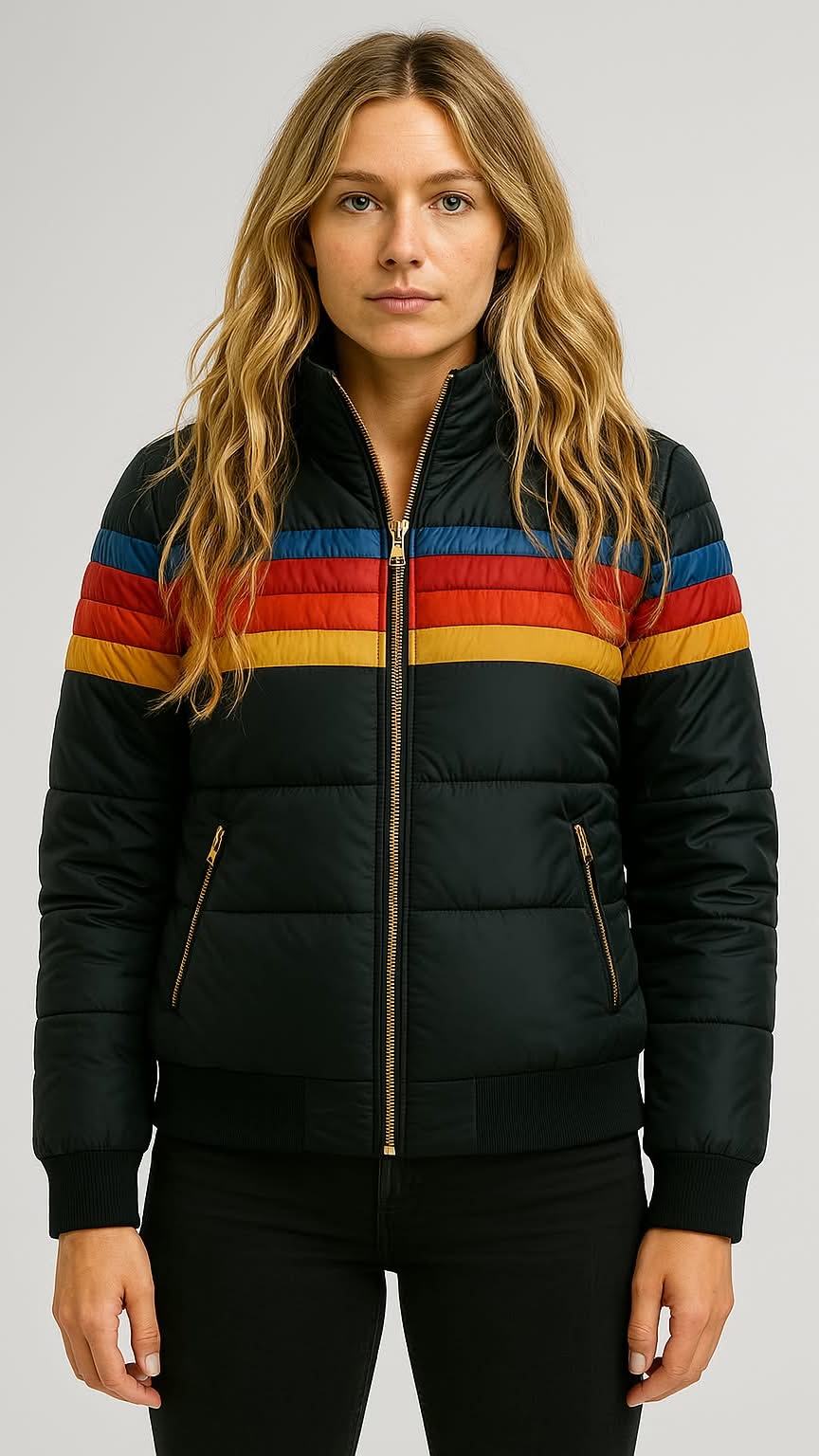 Hooded Puffer Jacket Women's Navy Retro Striped – Casual, Winter, Warm, Gift · Faylori