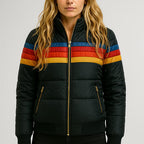 Hooded Puffer Jacket Women's Navy Retro Striped – Casual, Winter, Warm, Gift · Faylori
