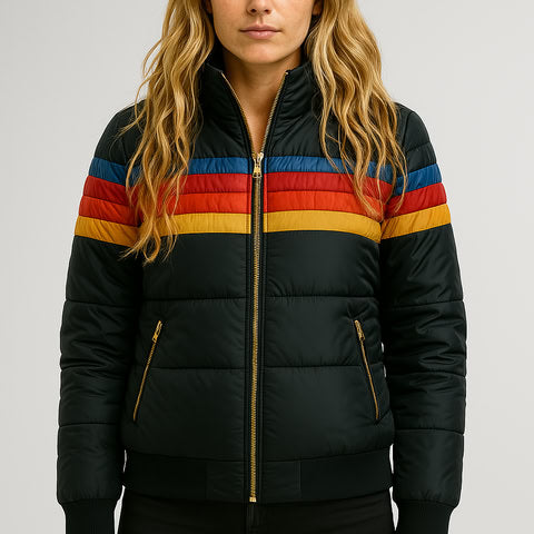 Hooded Puffer Jacket Women's Navy Retro Striped – Casual, Winter, Warm, Gift · Faylori
