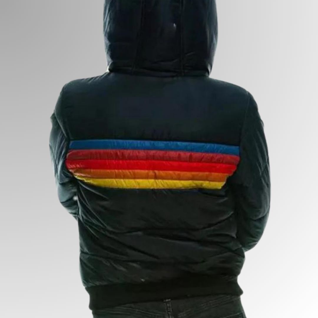 Hooded Puffer Jacket Women's Navy Retro Striped – Casual, Winter, Warm, Gift · Faylori