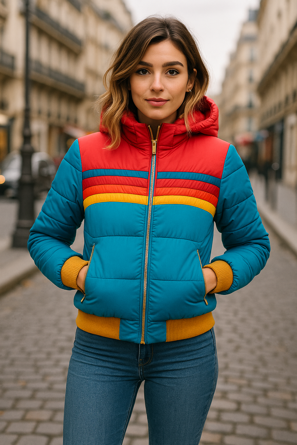Hooded Puffer Jacket Women's Navy Retro Striped – Casual, Winter, Warm, Gift · Faylori